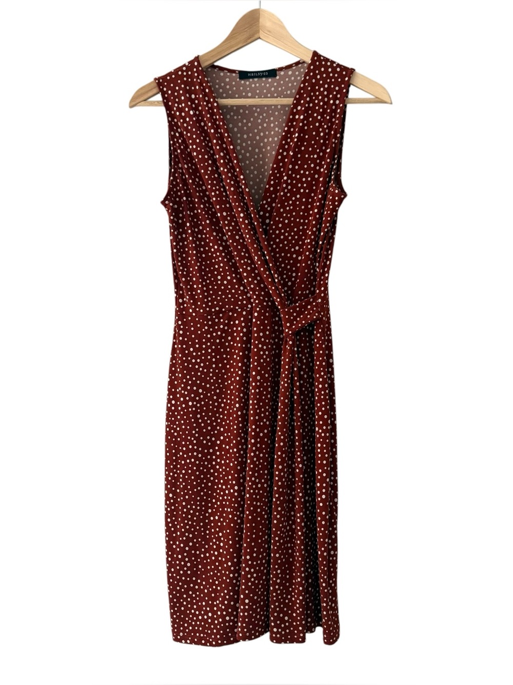 Hail3y:23 Faux Wrap Knit Dress Rust Polka Dot